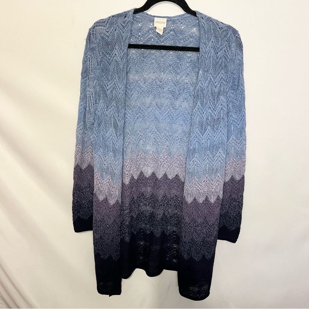 Chicos Women Cardigan 1 Open Duster Pointelle Knit Purple Blue Ombré - Picture 2 of 8